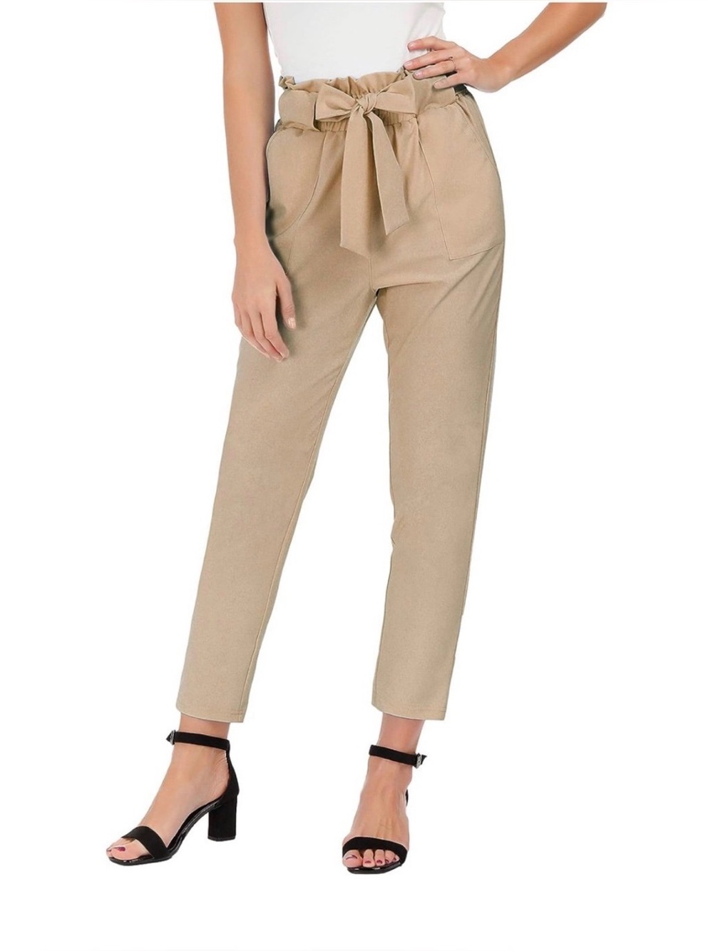 Grace Karin Beige Paperbag Tie-Waist Cropped Pants